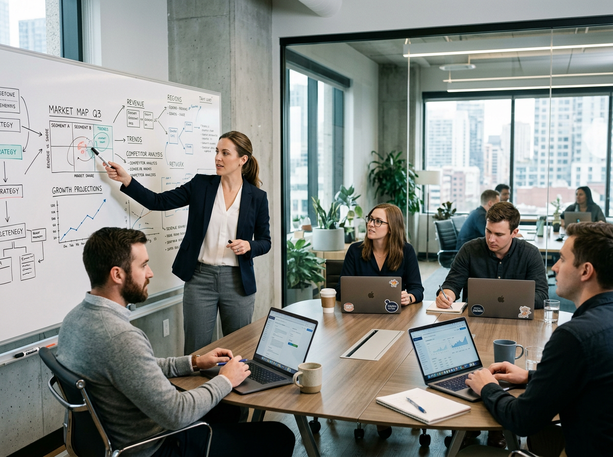 Strategist presenting market data on a whiteboard to a team