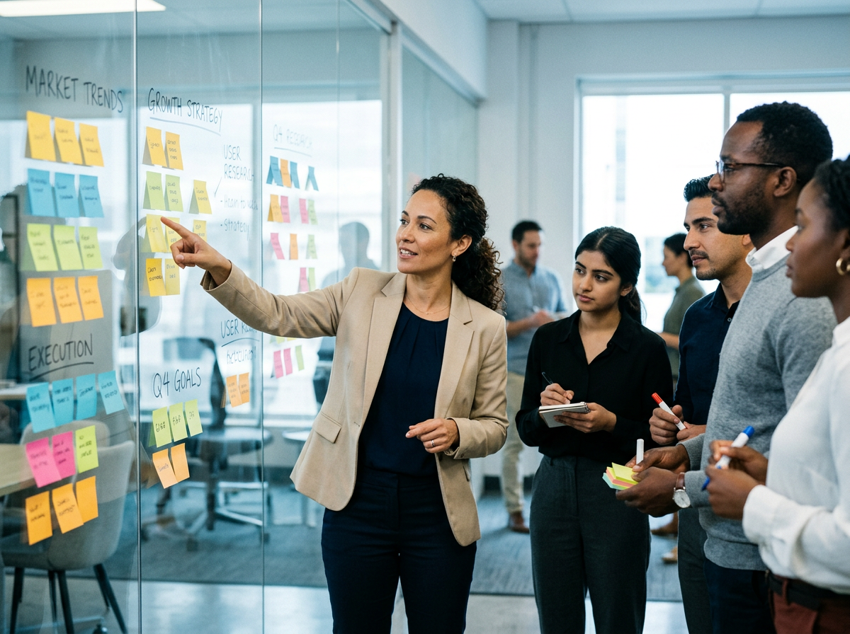 Team arranging sticky notes on a glass wall during a workshop