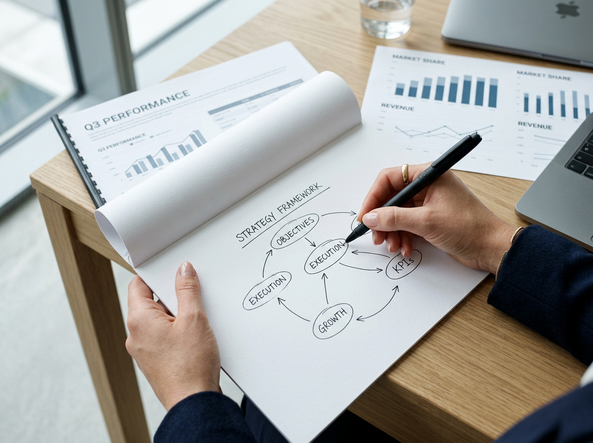 Strategist sketching a positioning diagram on paper