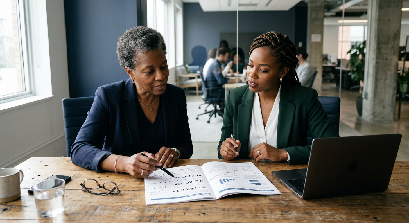 Strategist reviewing a marked-up document with a business owner